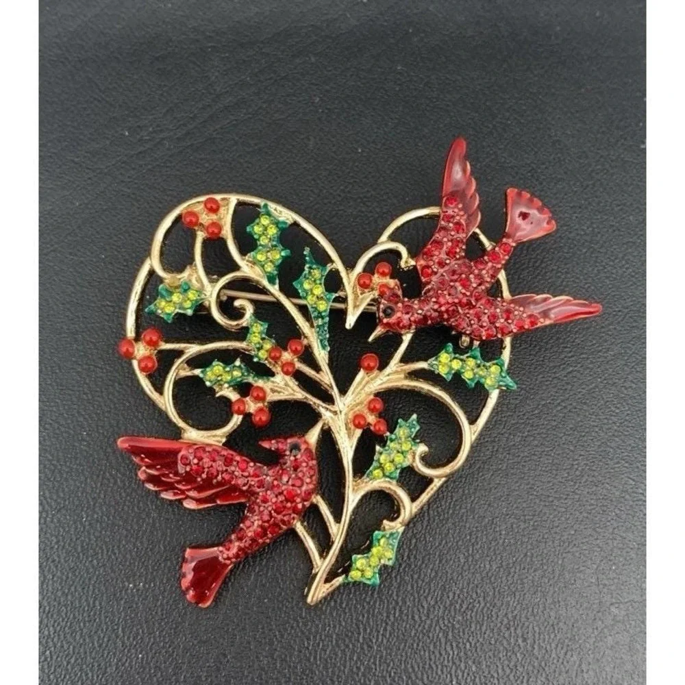 Vintage Anne Klein‎ Gold Tone And Rhinestone Birds Holiday Christmas Brooch